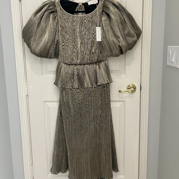 Loeffler Randall Dorit Puff Sleeve Pleated Bow Back Dress Metallic Gold 4 NWT - Picture 3 of 6